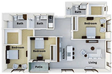 Floor plan for 3 beds, 3 baths, 1635 sqft